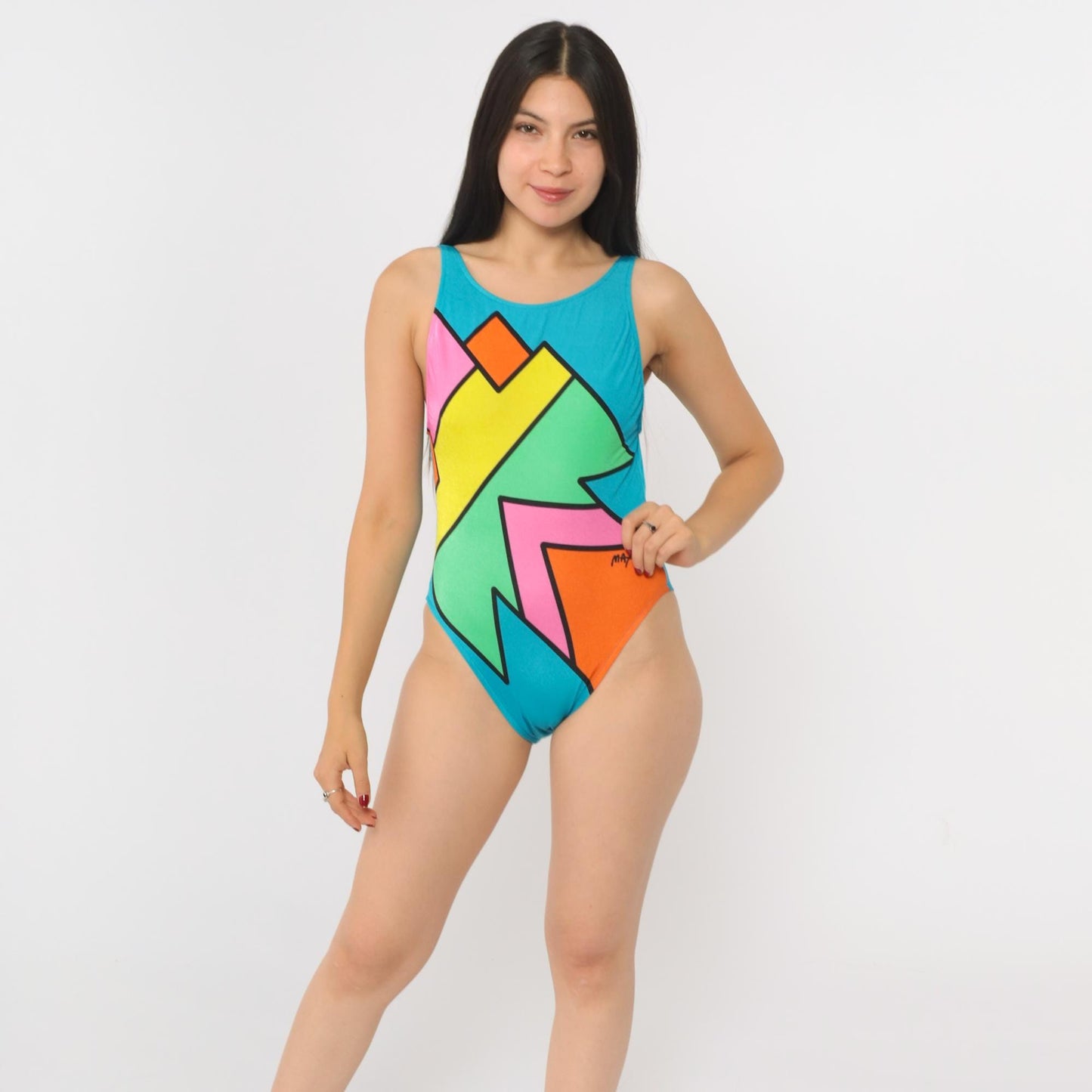 80s Neo Max Peter Max One Piece Swimsuit Neon Colorblock Abstract Size 8