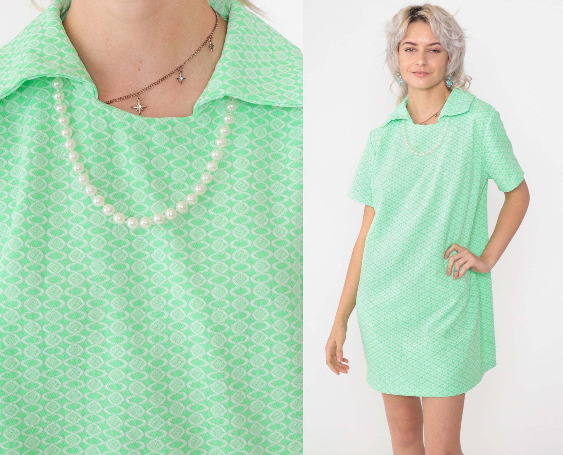 60s Mod Mini Dress Green Geometric Print Shift Short Sleeve Medium Large