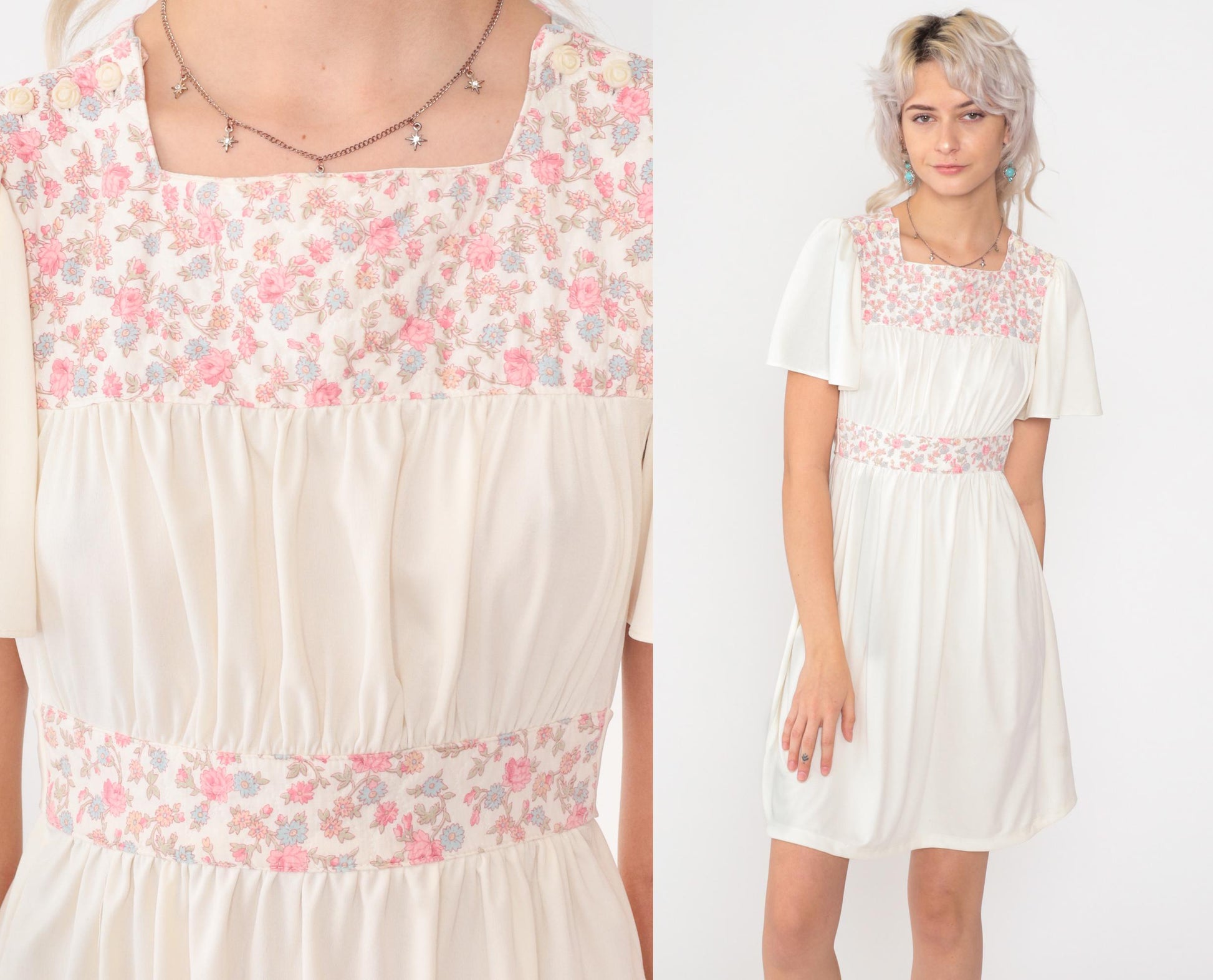 70s White Floral Peasant Mini Dress Flutter Sleeve High Waist Small S