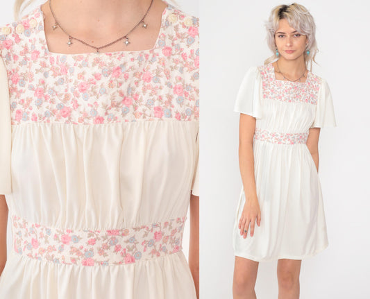 70s White Floral Peasant Mini Dress Flutter Sleeve High Waist Small S