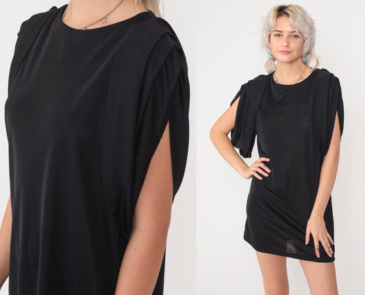 80s Patra Black Mini Shift Dress Cap Sleeve Keyhole Back Medium M