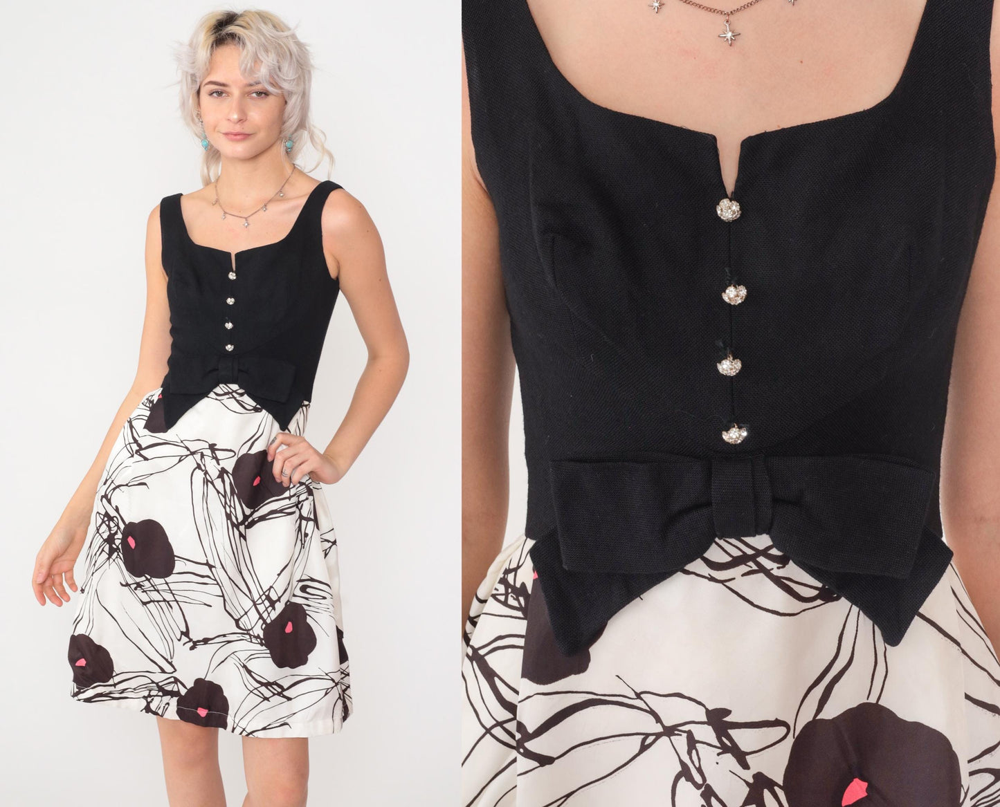 60s Black White Floral Mini Party Dress Bow Sleeveless A-Line Extra Small