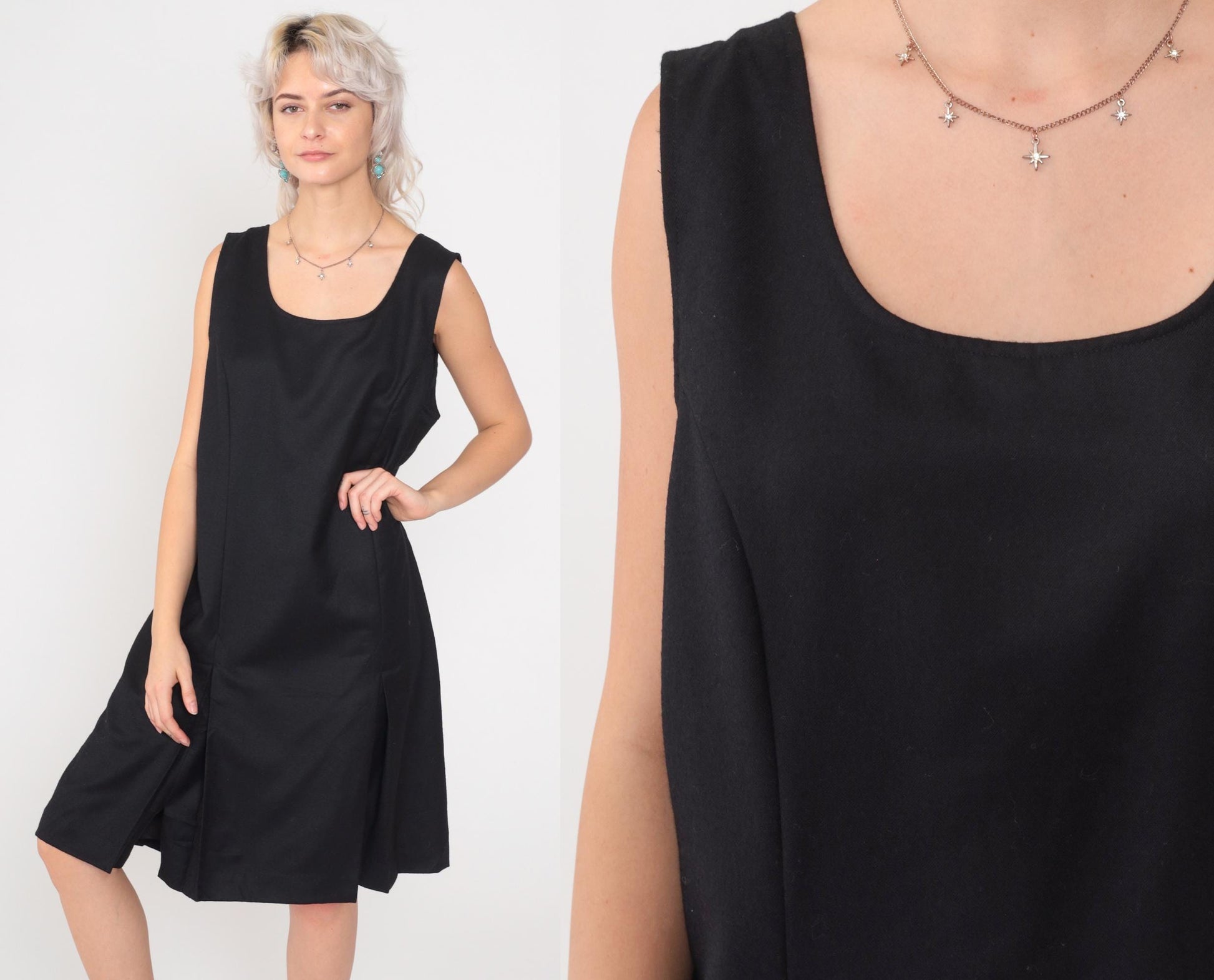 90s Rafaella Black Wool Shift Dress Pleated Scoop Neck Sleeveless Mini Large