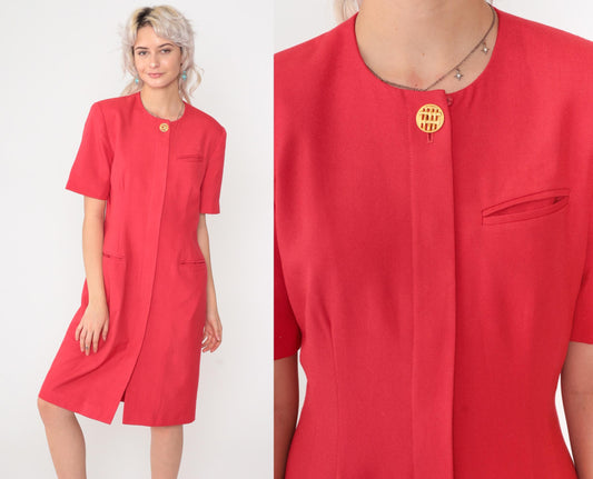 90s Kasper Red Button-Up Shirtdress Knee Length Short Sleeve Medium Petite