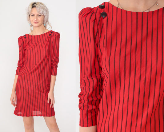 80s Red & Black Striped Mini Dress Puff Sleeve Button Back Small S
