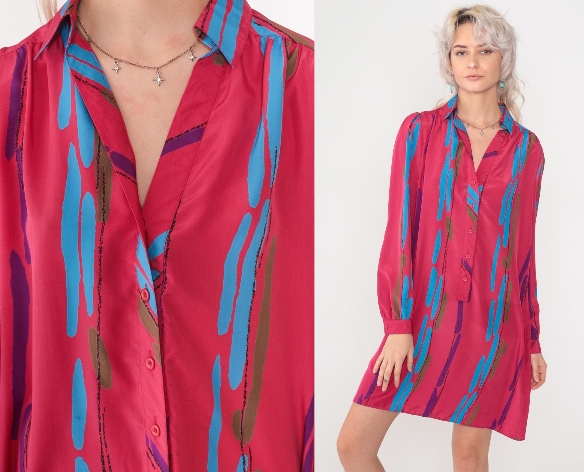 80s Fuchsia Striped Mini Dress Puff Sleeve Button-Up Shirtdress Medium