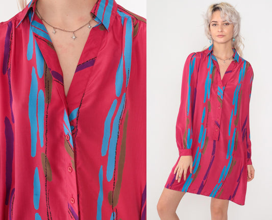 80s Fuchsia Striped Mini Dress Puff Sleeve Button-Up Shirtdress Medium