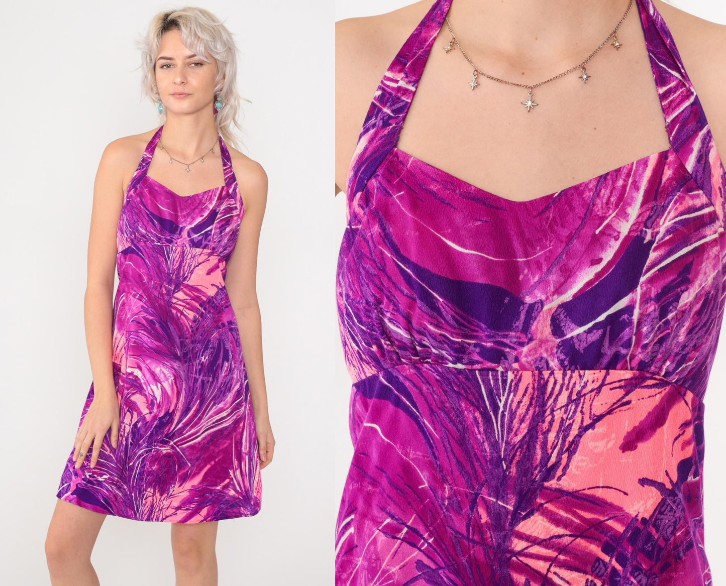 70s Purple Magenta Abstract Halter Mini Dress Empire Waist Extra Small