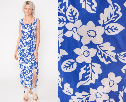 90s Blue Floral Sleeveless Sundress Ankle Length Front Slit Small