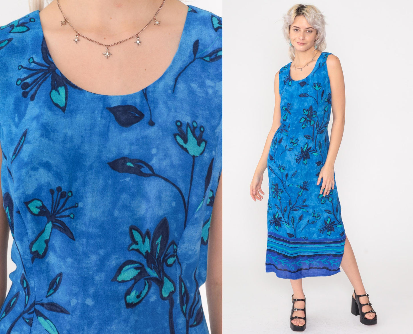 90s Blue Floral Rayon Maxi Dress Sleeveless Scoop Neck Side Slit Small