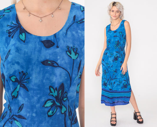 90s Blue Floral Rayon Maxi Dress Sleeveless Scoop Neck Side Slit Small