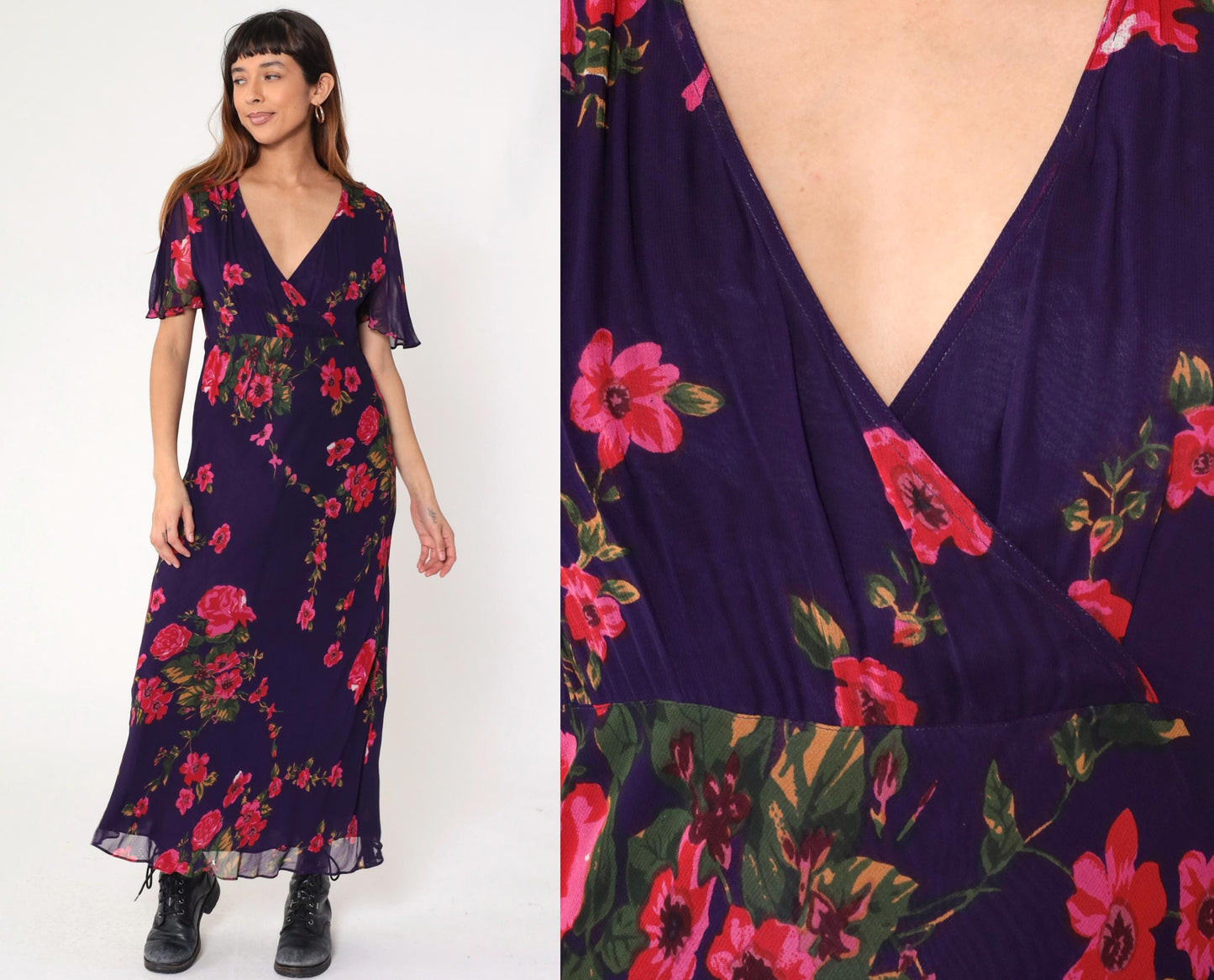 Y2K Purple Floral Chiffon Maxi Dress Flutter Sleeve High Waist V Neck Large L
