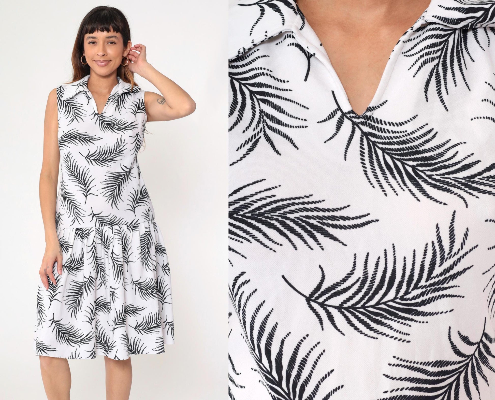 70s White Botanical Leaf Print Midi Dress Drop Waist Pleated Sleeveless Medium