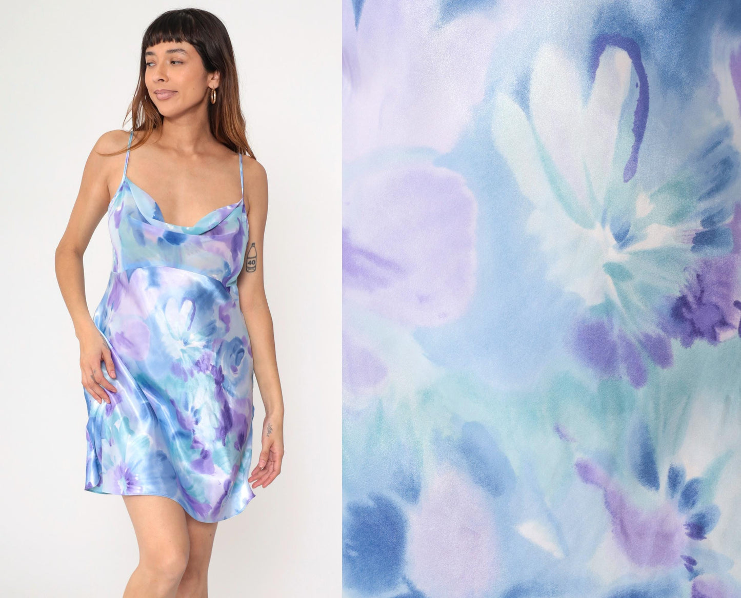 90s California Dynasty Floral Satin Slip Dress Cowl Neck Mini Chiffon Medium M