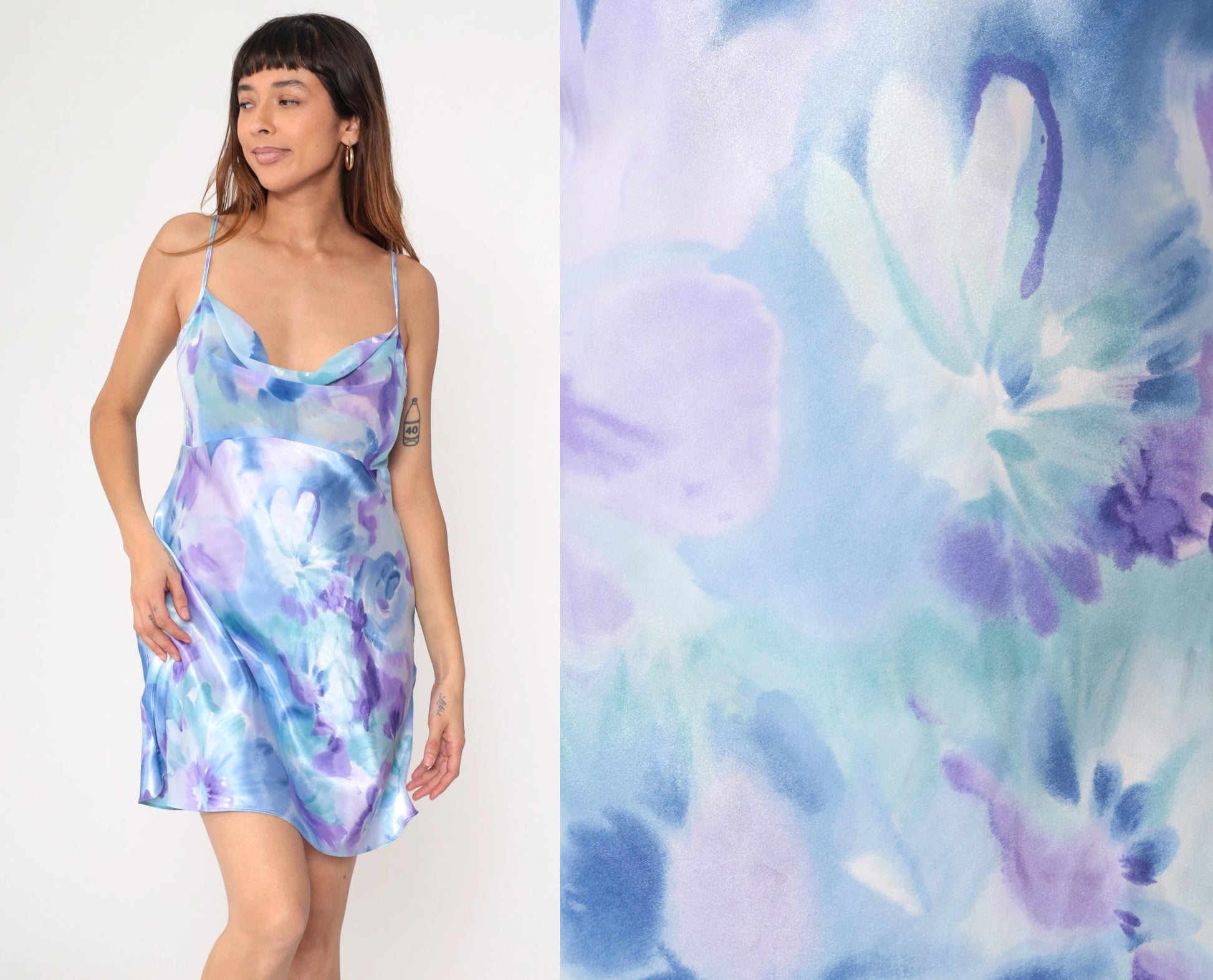 90s California Dynasty Floral Satin Slip Dress Cowl Neck Mini Chiffon Medium M