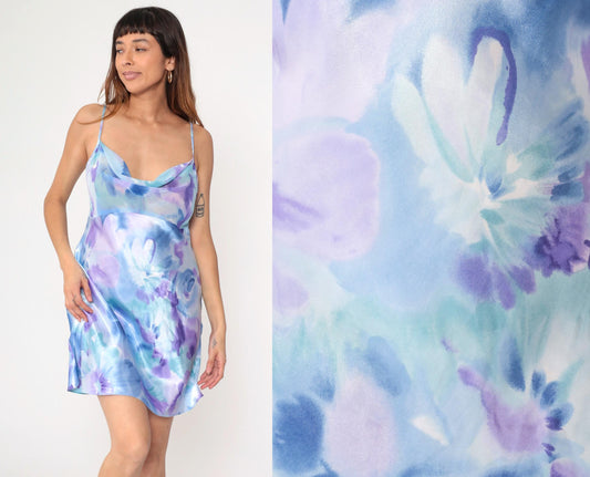 90s California Dynasty Floral Satin Slip Dress Cowl Neck Mini Chiffon Medium M