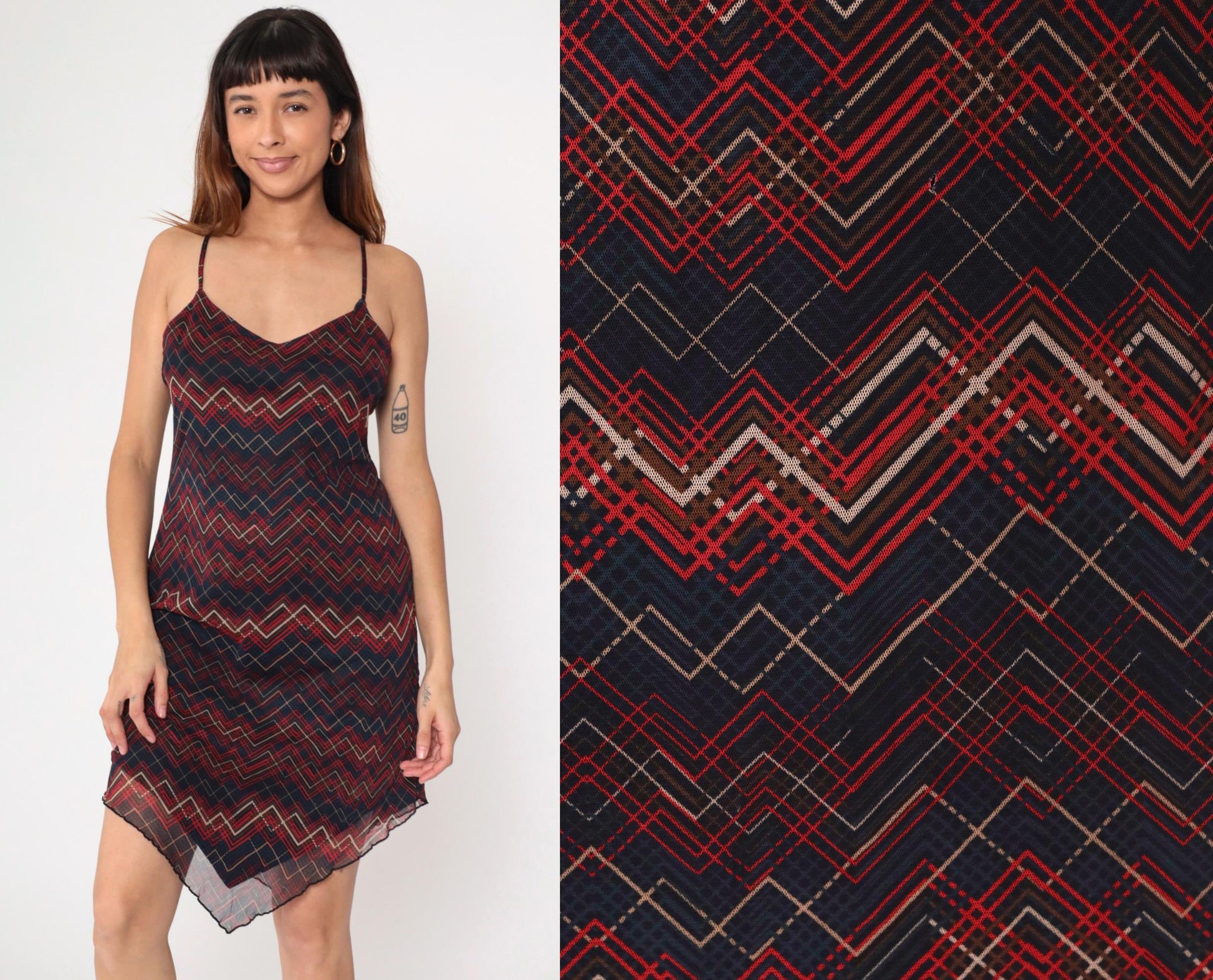 Y2K Xhiliration Zig Zag Striped Mesh Mini Dress Sweetheart Hanky Hem Large L