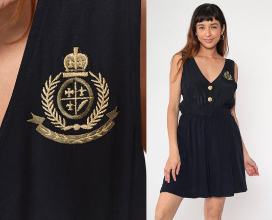 90s Nautical Crest Black Sleeveless Romper Gold Embroidered Deep V Small Medium