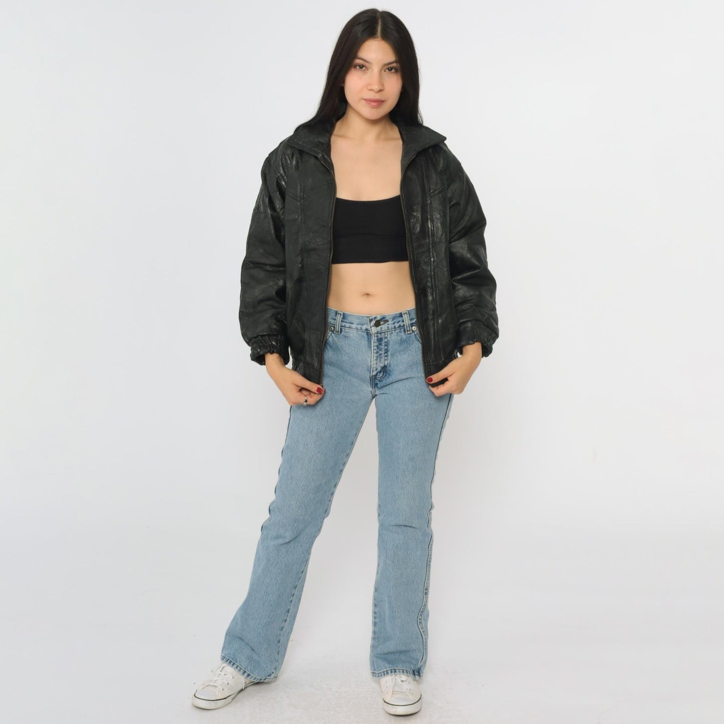 90s Elias de Soto Black Patchwork Leather Bomber Jacket Women's Large
