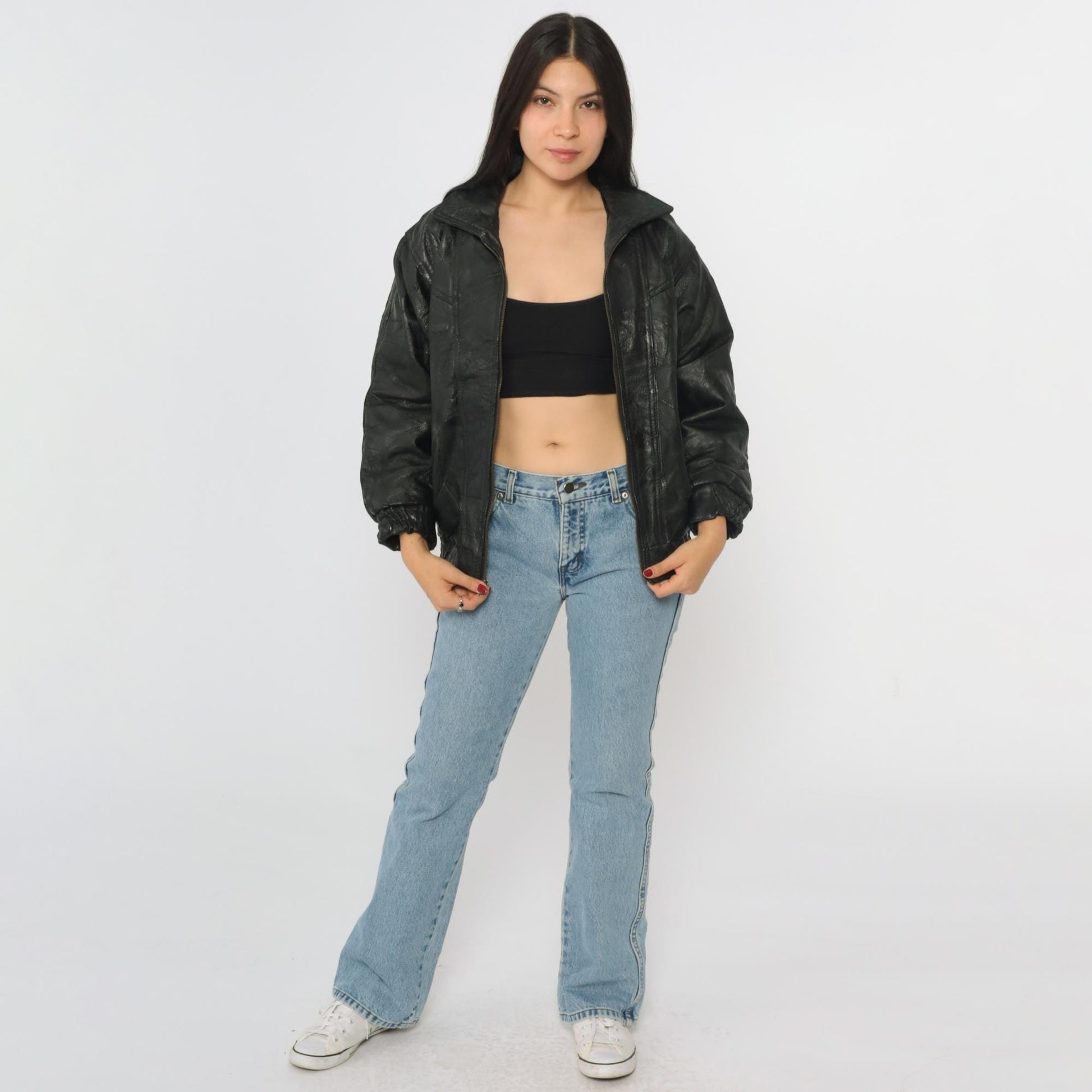 90s Elias de Soto Black Patchwork Leather Bomber Jacket Women's Large