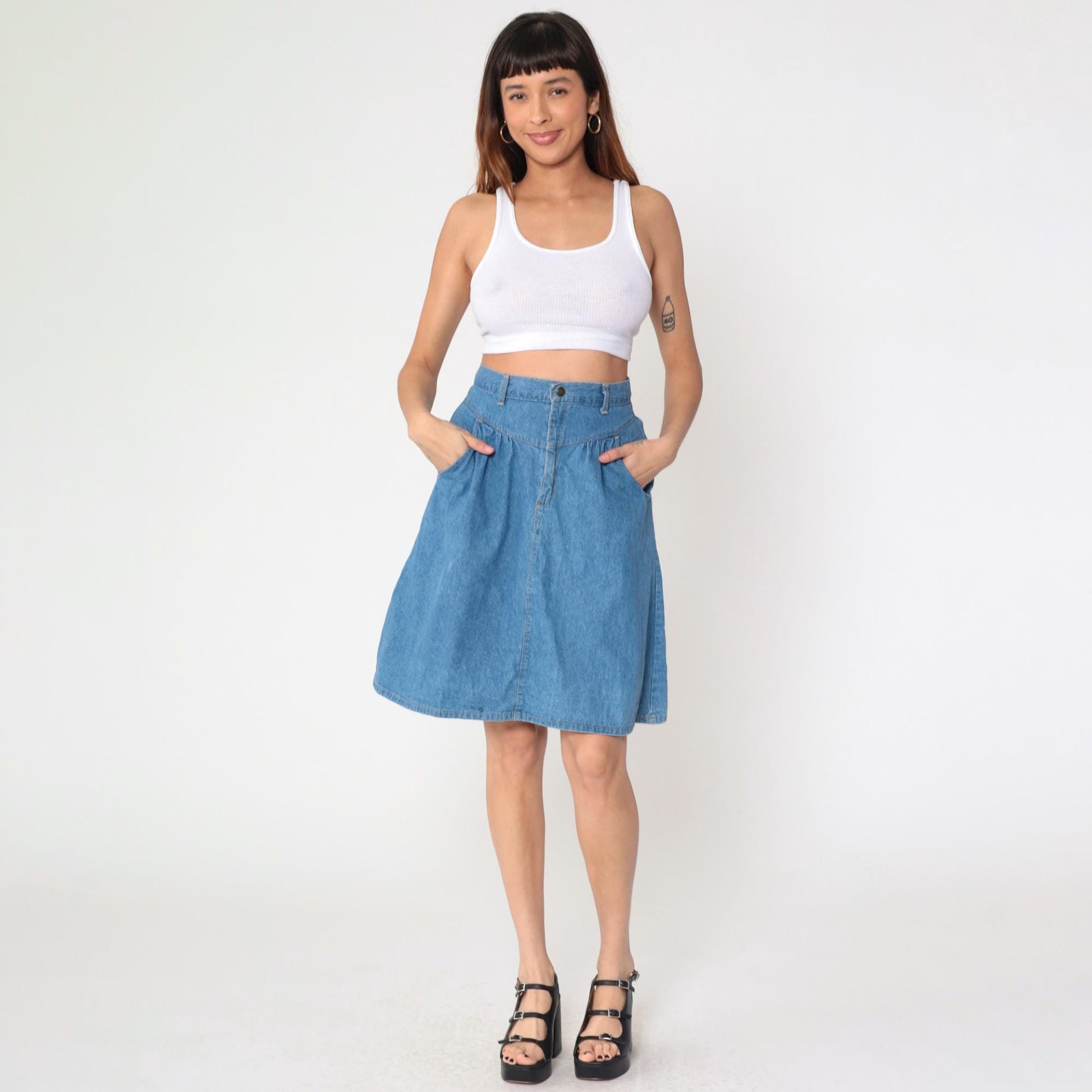 80s Western Denim Mini Skirt High Waist Gathered Yoke Blue Small S