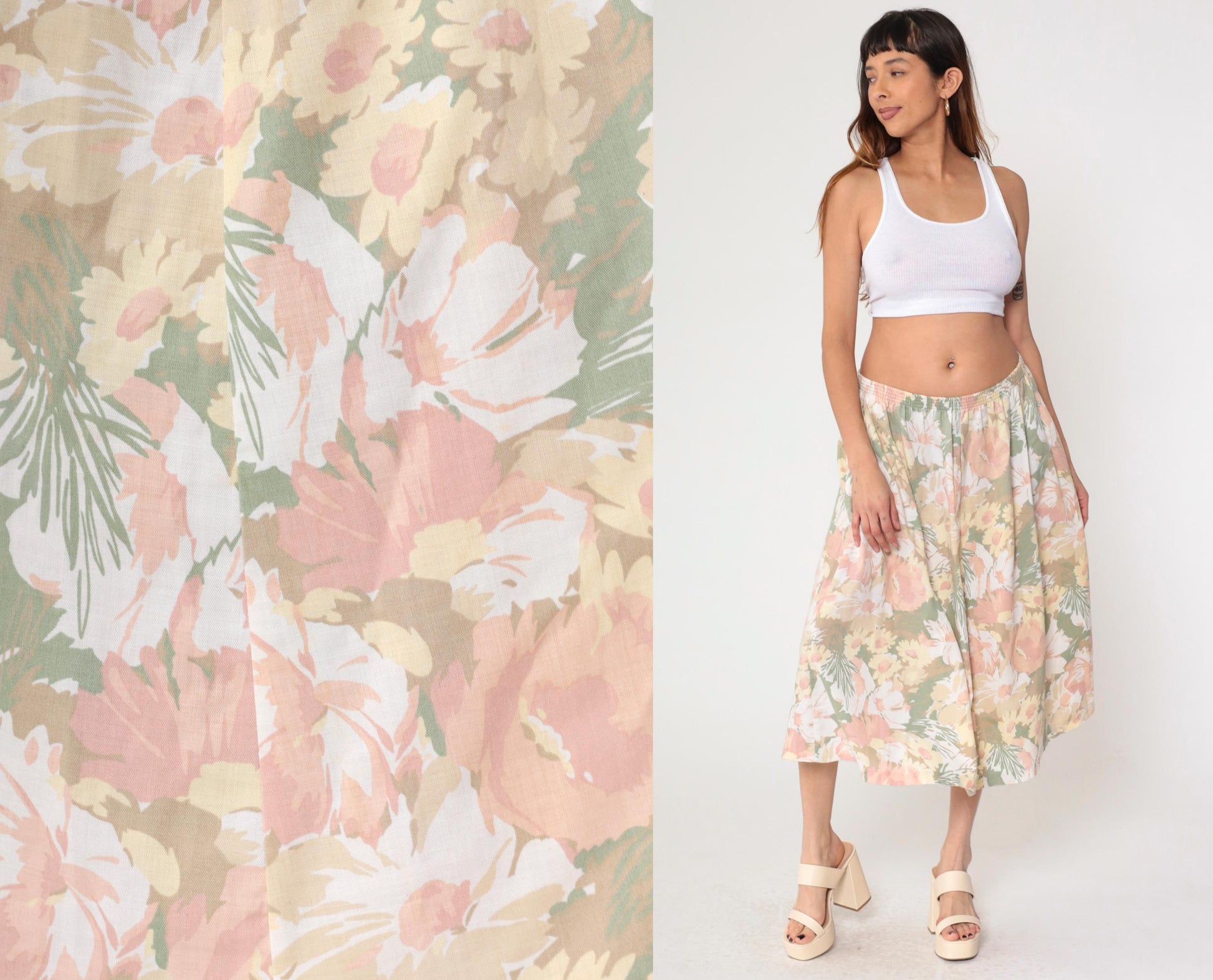90s Alfred Dunner Floral Midi Skirt Pastel Print High Waist Pockets Large
