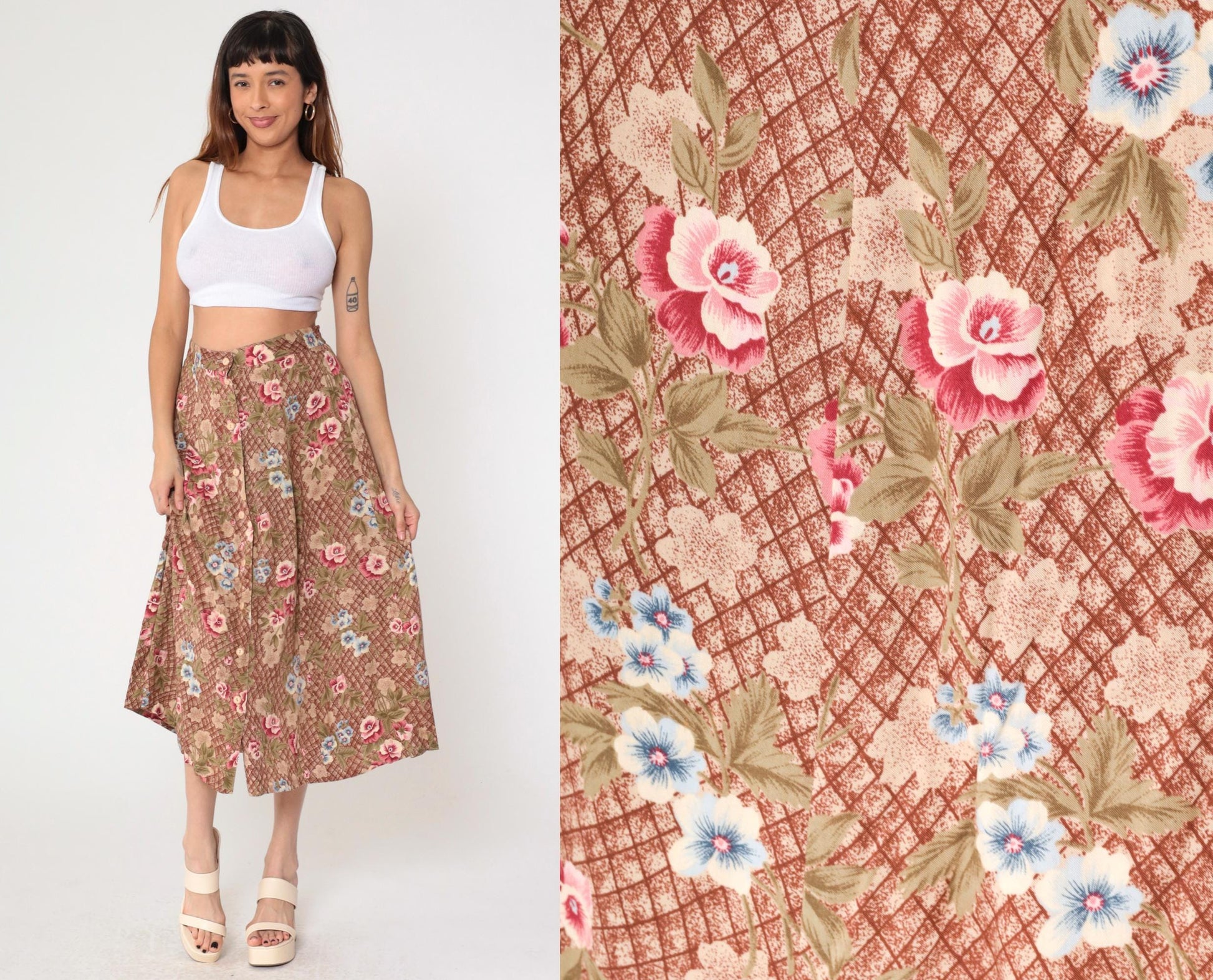 90s Sag Harbor Floral Midi Skirt Brown Checkered Button Front Medium M