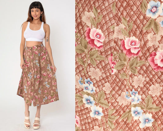 90s Sag Harbor Floral Midi Skirt Brown Checkered Button Front Medium M