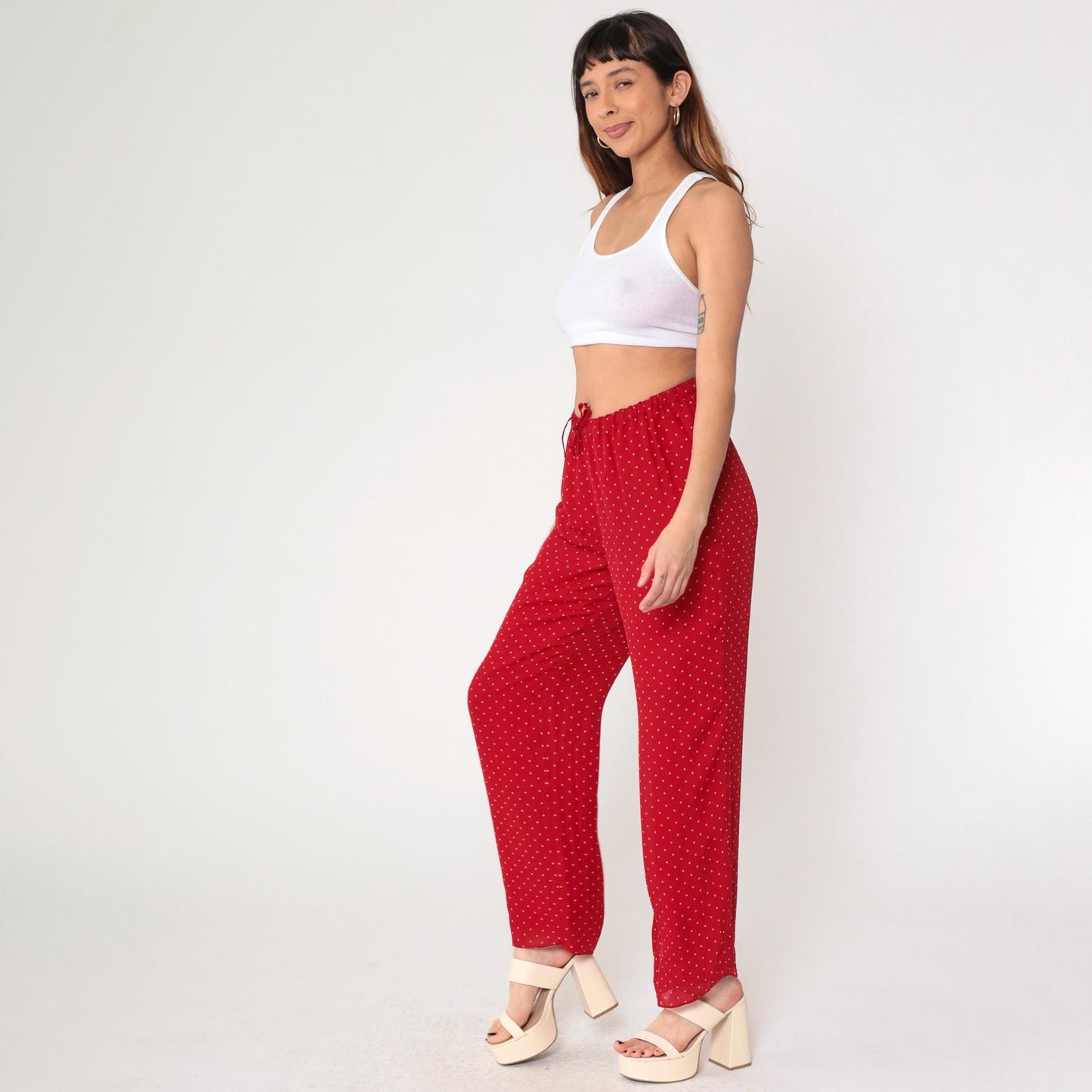 Y2K Ralph Lauren Red Silk Polka Dot Pull-On Trousers Wide Leg Medium M