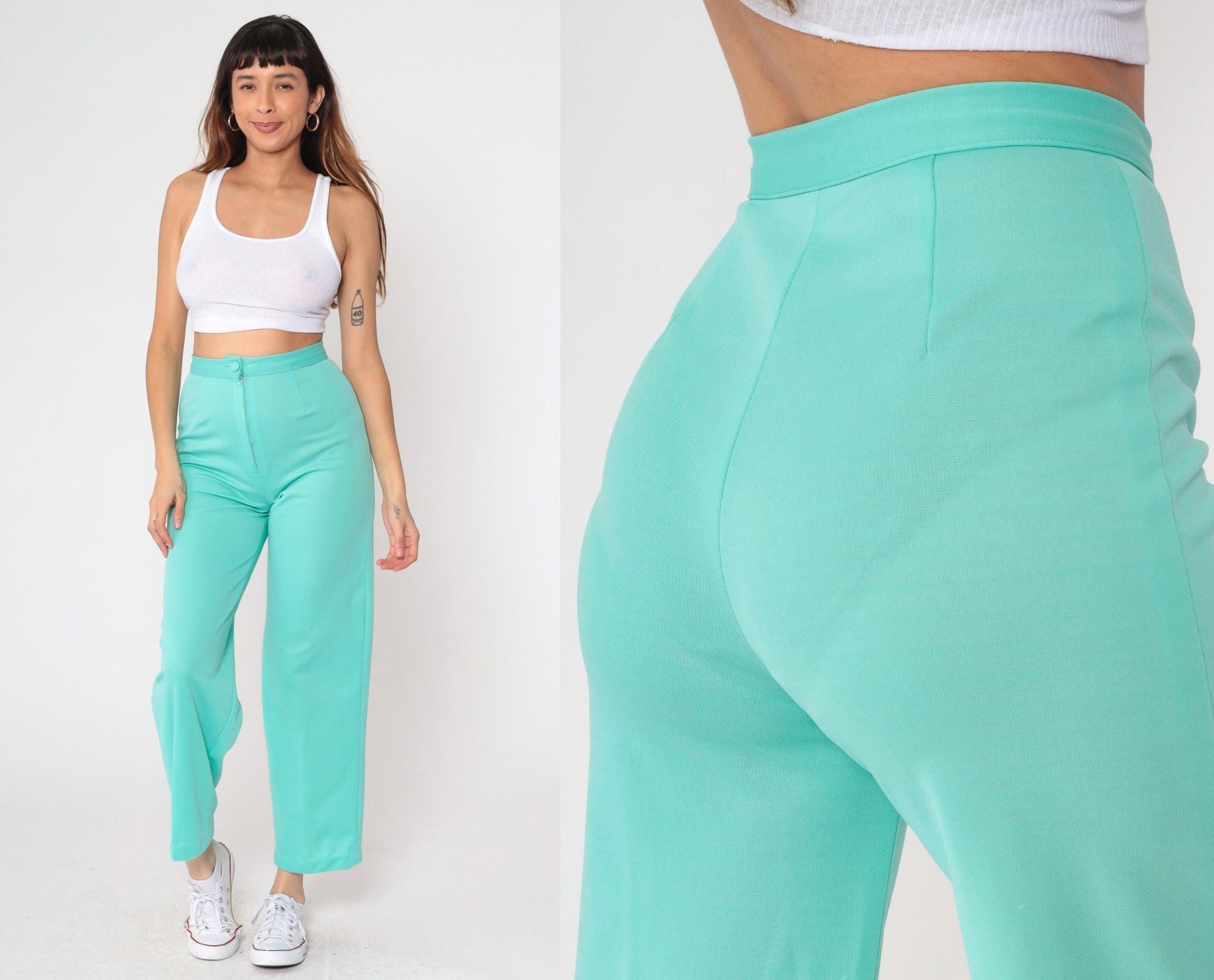 70s Aqua High-Rise Tapered Trousers Slim Fit Creased Small