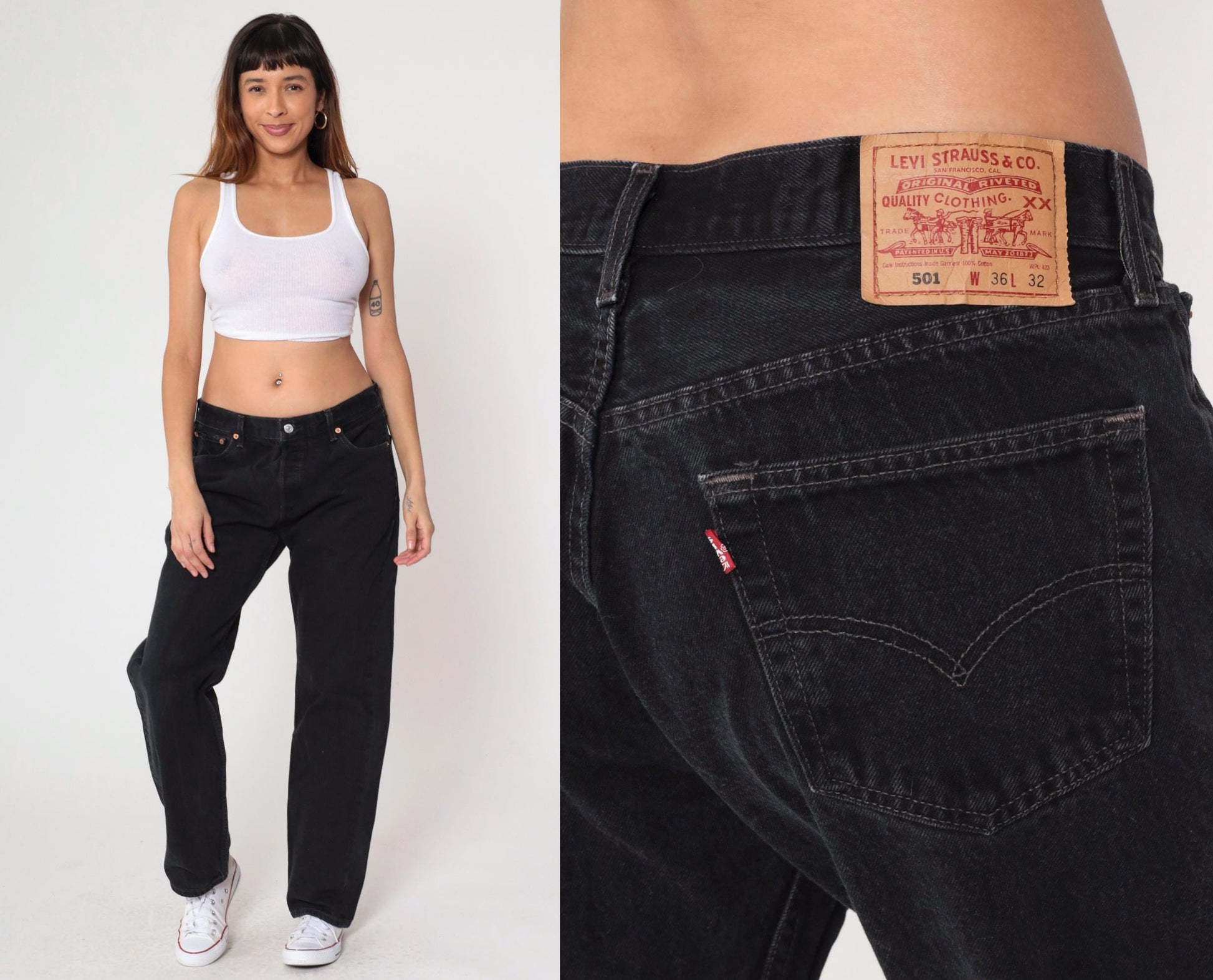 00s Levi's 501 Black Denim Jeans Straight Leg Mid Rise W36 L32