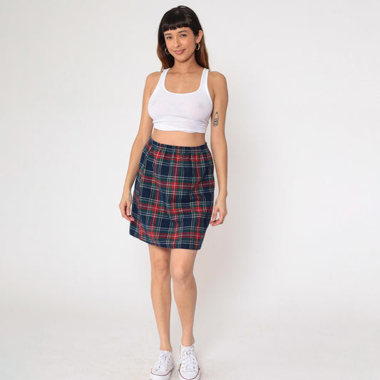 80s Plaid Mini Skirt Navy Red Green Elastic Waist Straight Pencil Medium