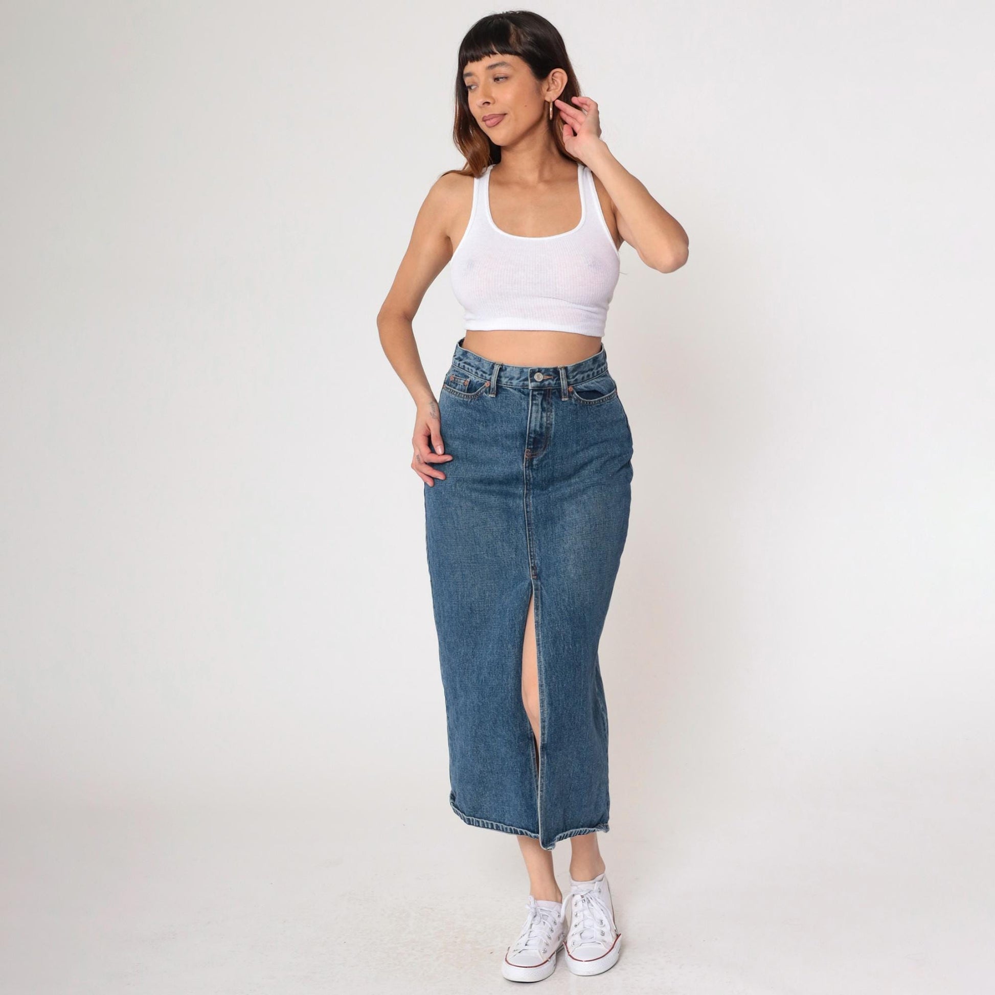 Y2K Gap Denim Midi Skirt High Front Slit Blue Jean Small 4