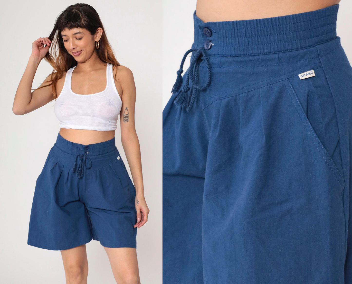 80s Gitano Navy Pleated Shorts High Waist Drawstring Small