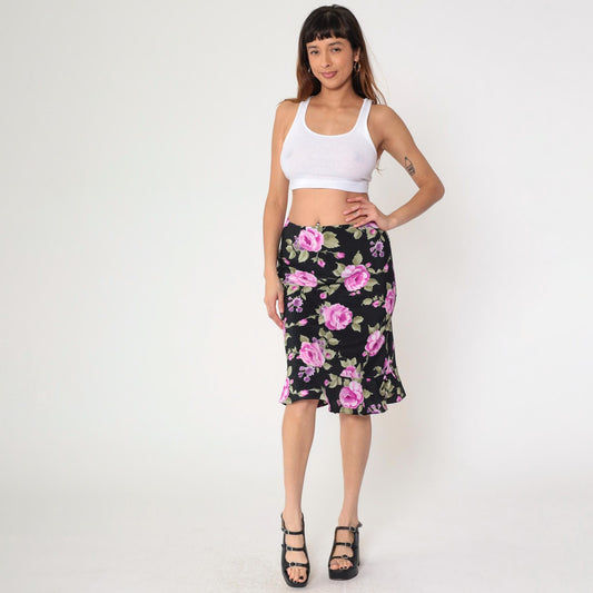 90s Black Floral Midi Skirt Fuchsia Pink Print Ruffled Hem Medium