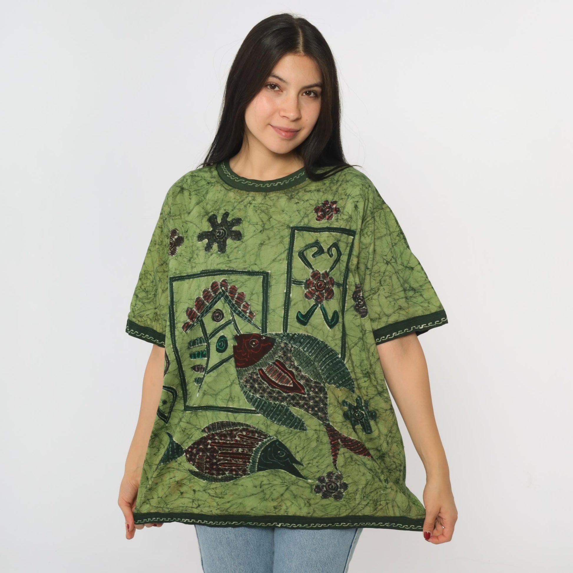 Y2K Batik Fish Graphic T-Shirt Green Floral Crewneck Medium Large