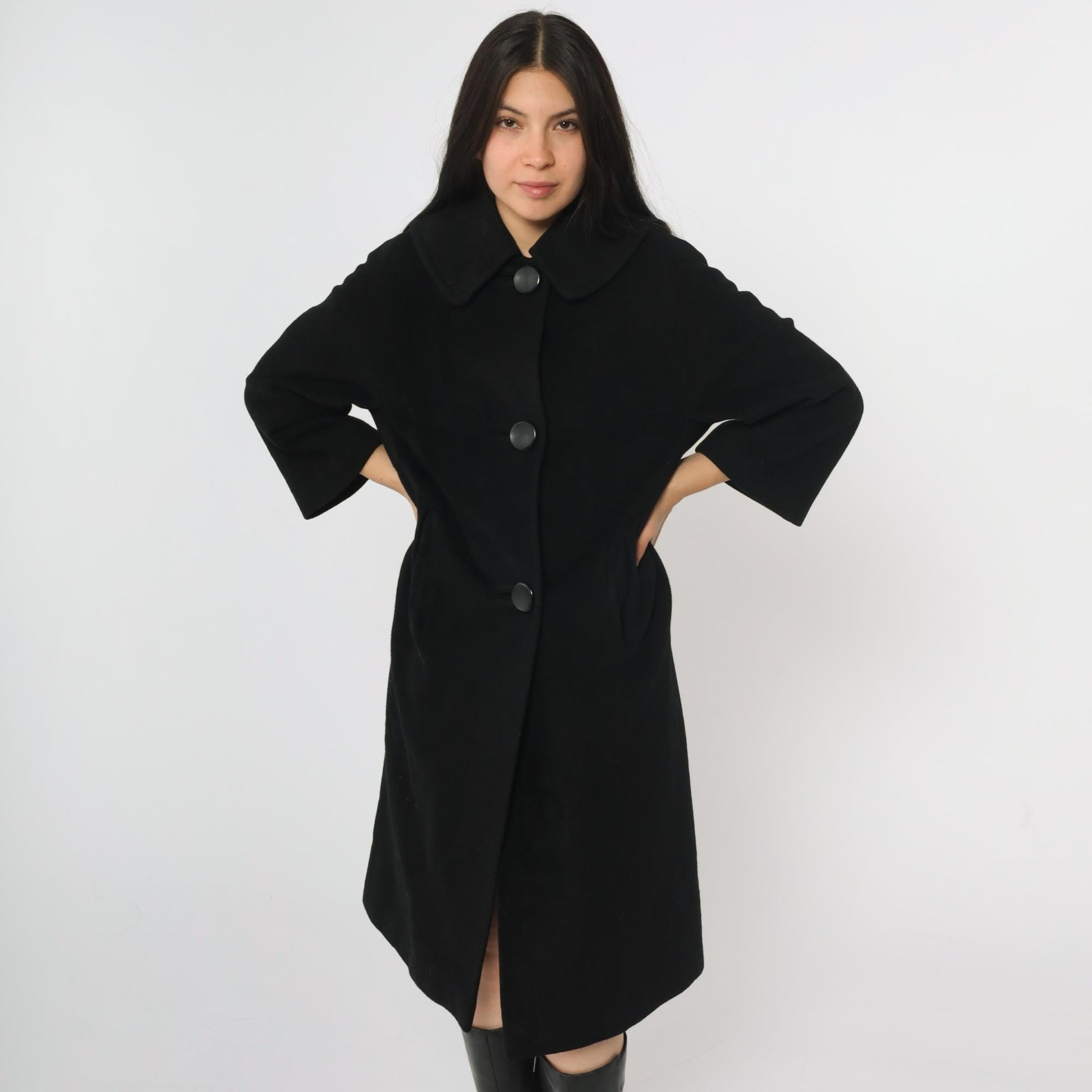 1950s Couture Americana Black Cashmere Swing Coat Midi Small Medium