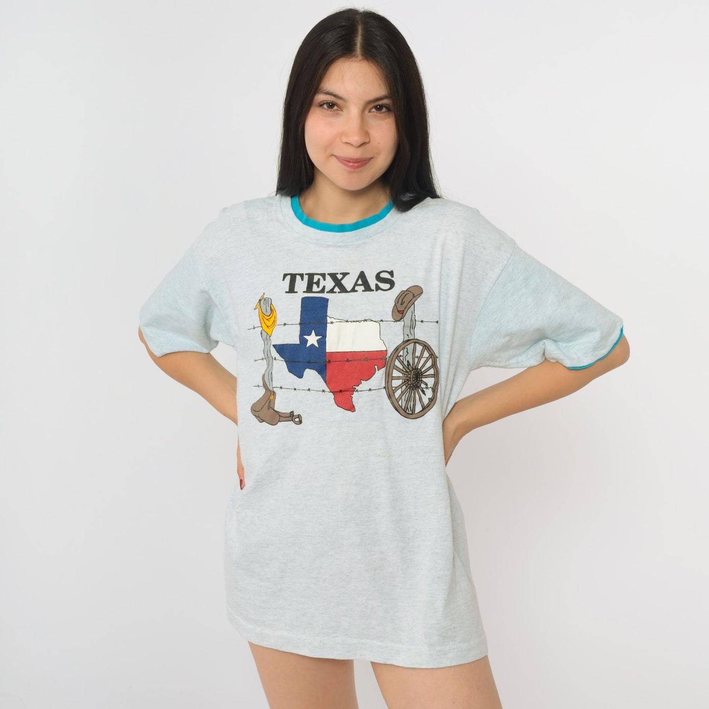 90s Texas Map Flag Graphic T-Shirt Ringer Tee Turquoise Cuffs Grey Medium
