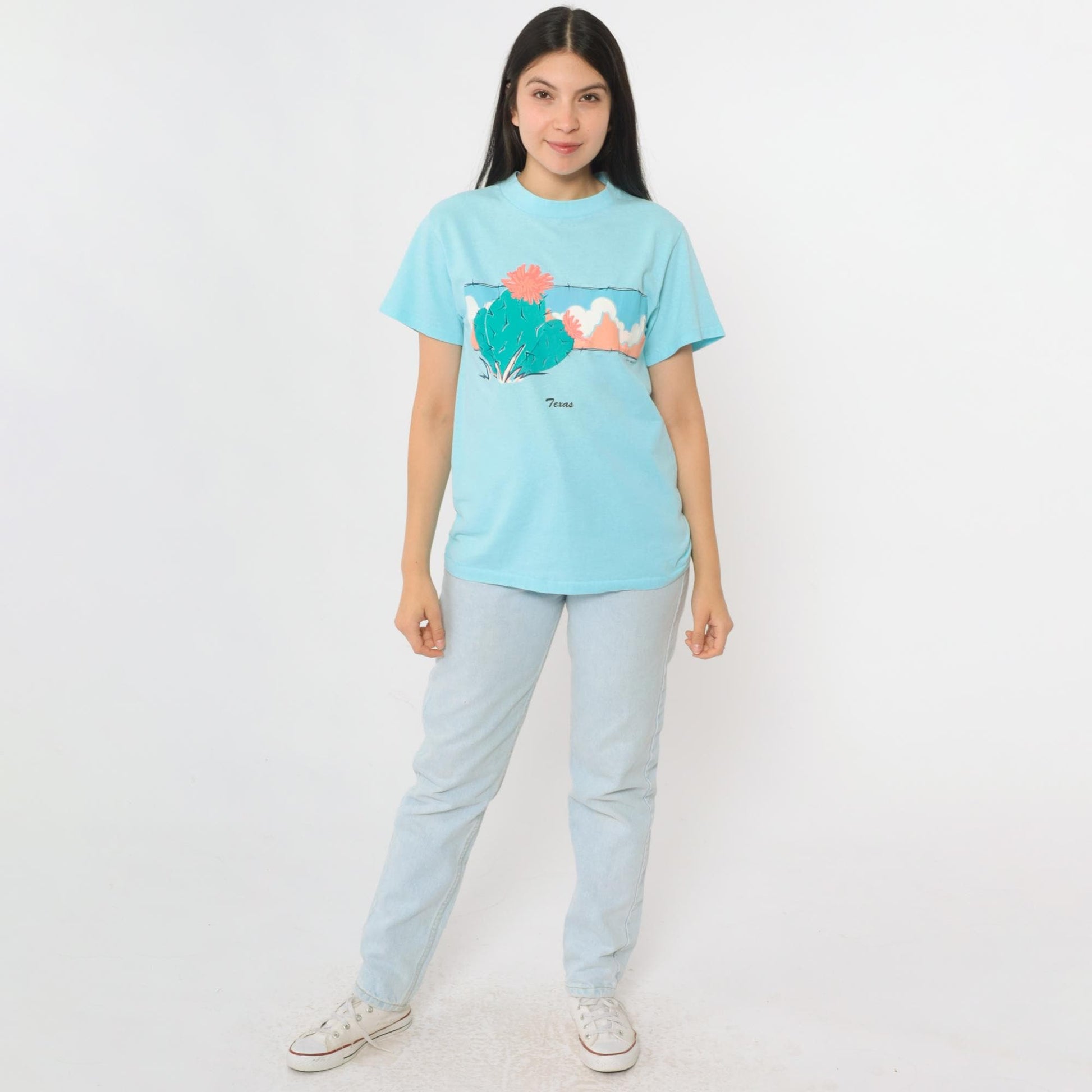 90s Texas Cactus Graphic T-Shirt Blue Single Stitch Crewneck Small