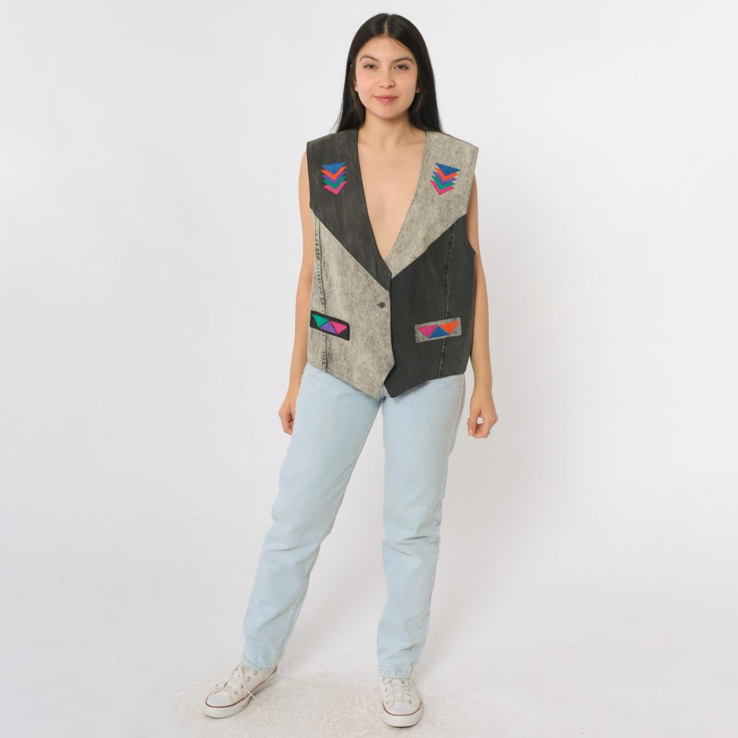 90s Southwestern Denim Vest Acid Wash Grey Black Deep V Neck Medium M