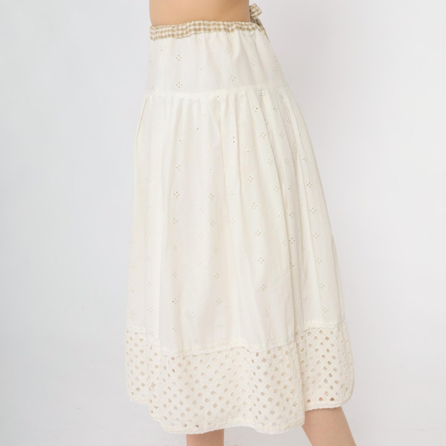00s White Eyelet Peasant Midi Skirt Embroidered A-Line Tiered Small