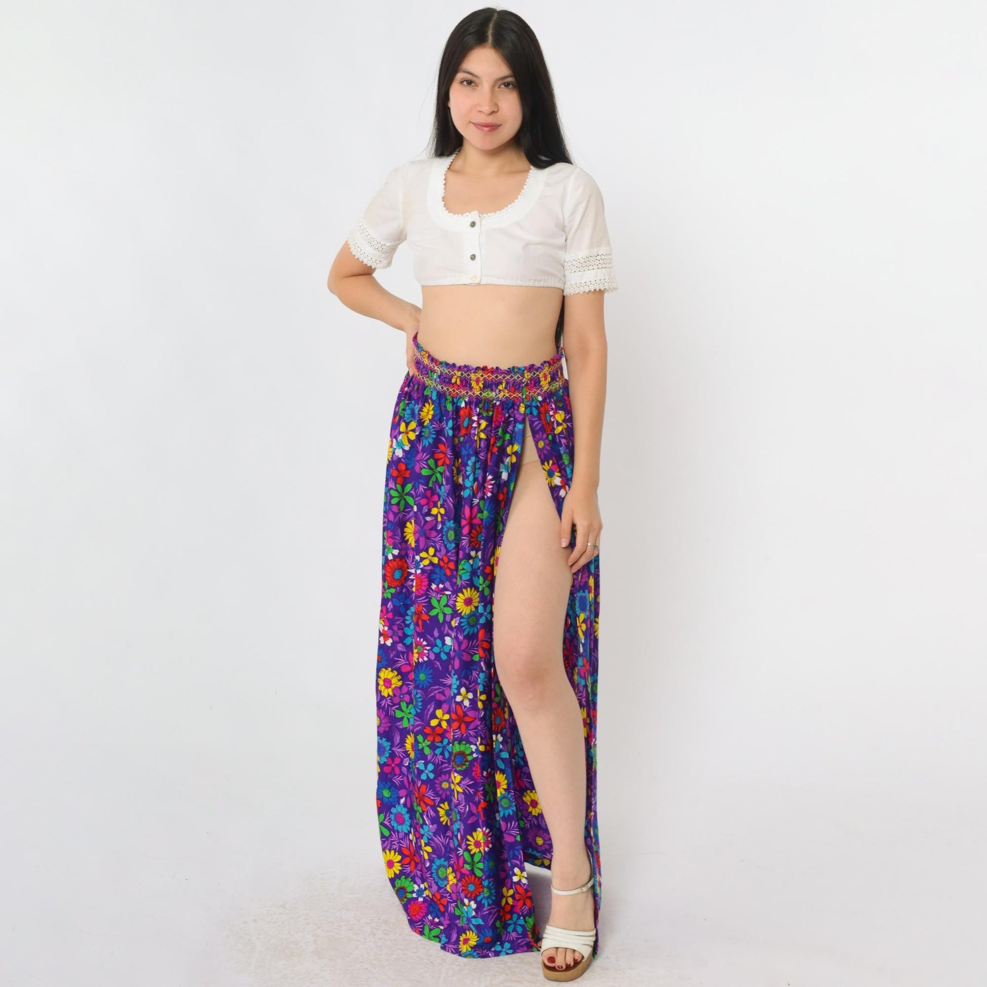 70s Rainbow Floral Maxi Skirt Purple High Slit Smocked Waist Small