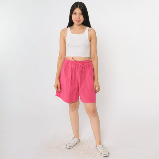 90s Bright Pink Elastic Waist Shorts Cotton High Rise Medium Large