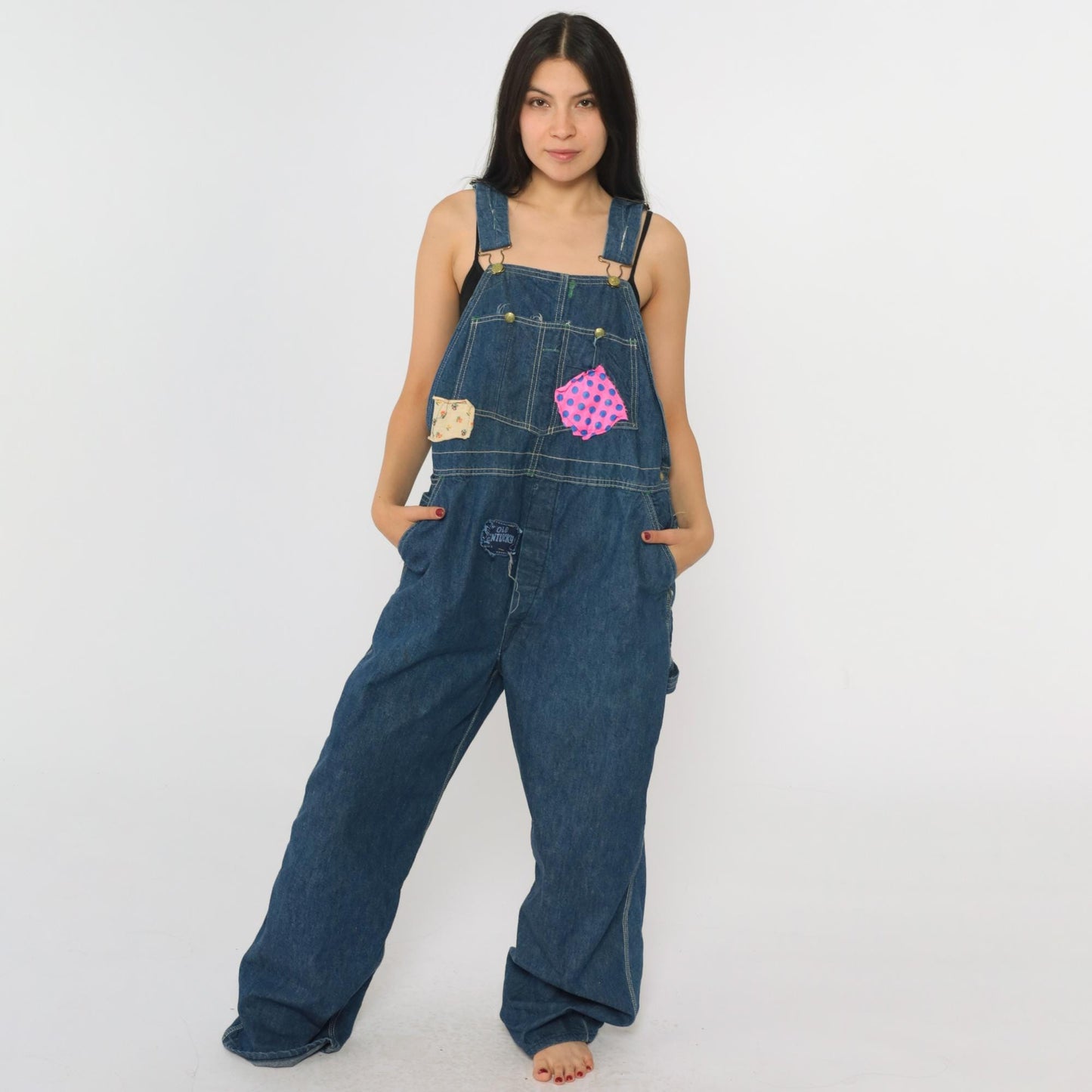 70s OshKosh B'gosh Denim Bib Overalls Patchwork Blue Carpenter Medium Large