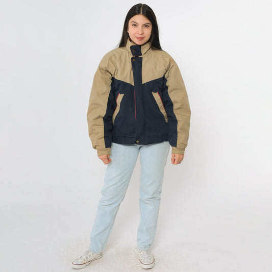 80s McGregor Puffer Jacket Tan Navy Color Block Ski Coat Small S