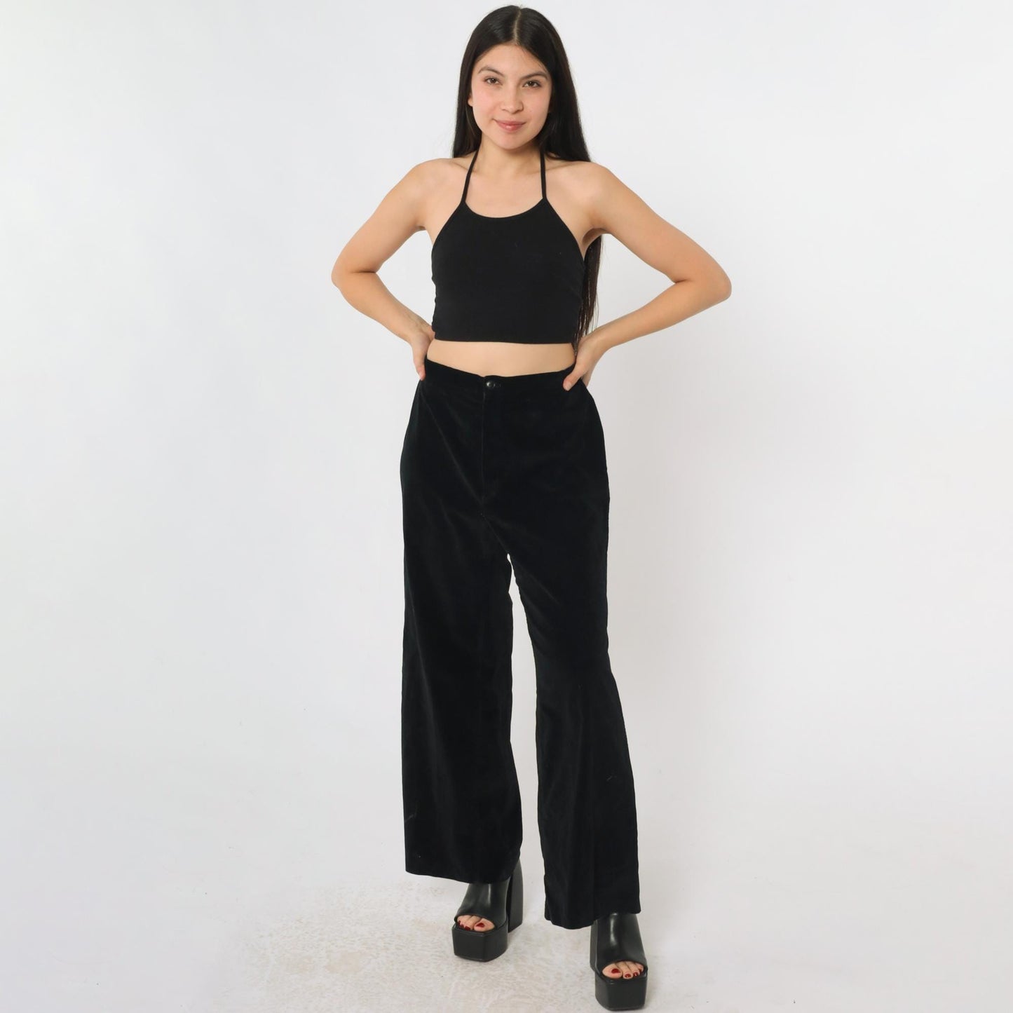 70s Black Velvet Bell Bottom Pants High Rise Wide Leg Small