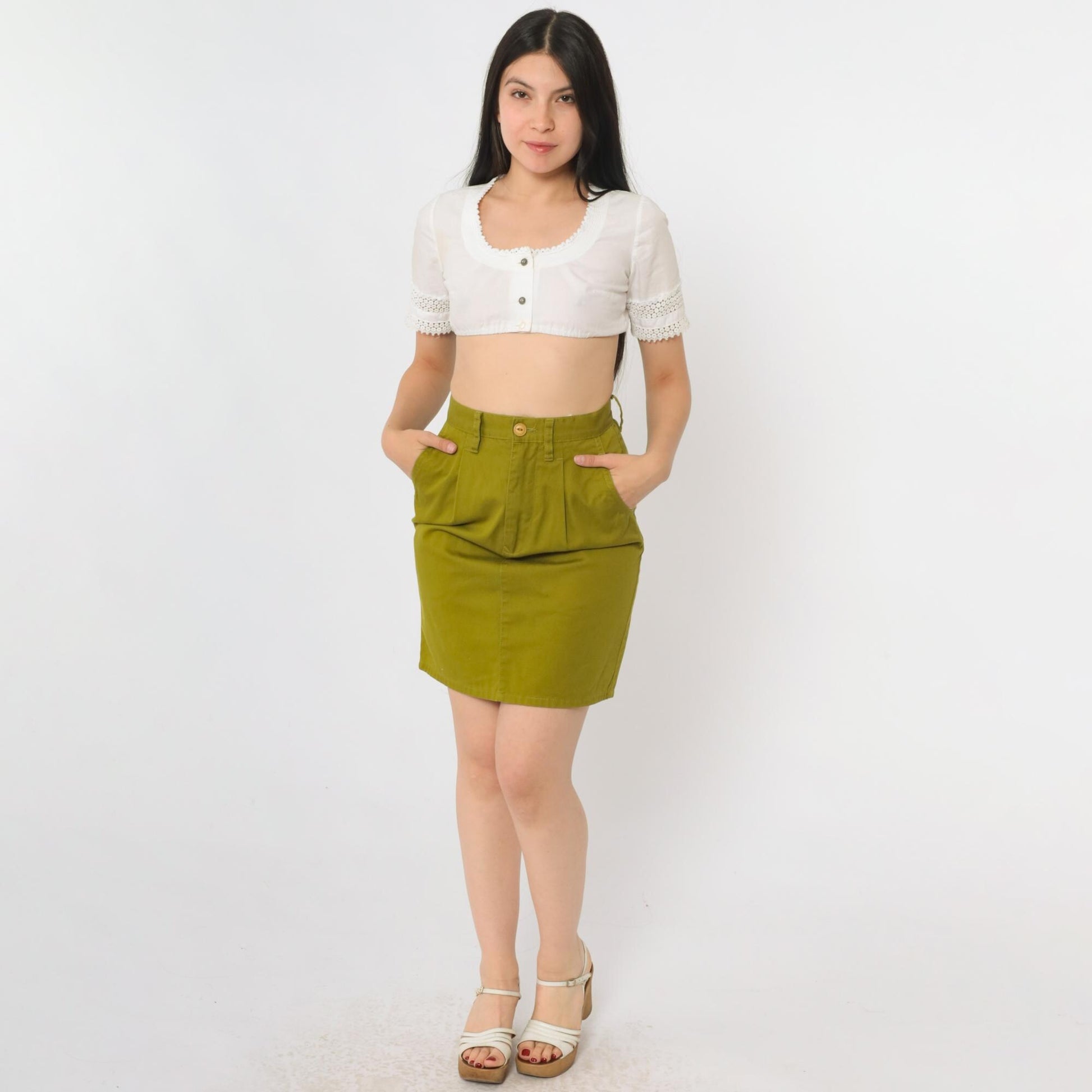 90s Esprit Sport Olive Green Cotton Pencil Skirt High Waist Mini Extra Small