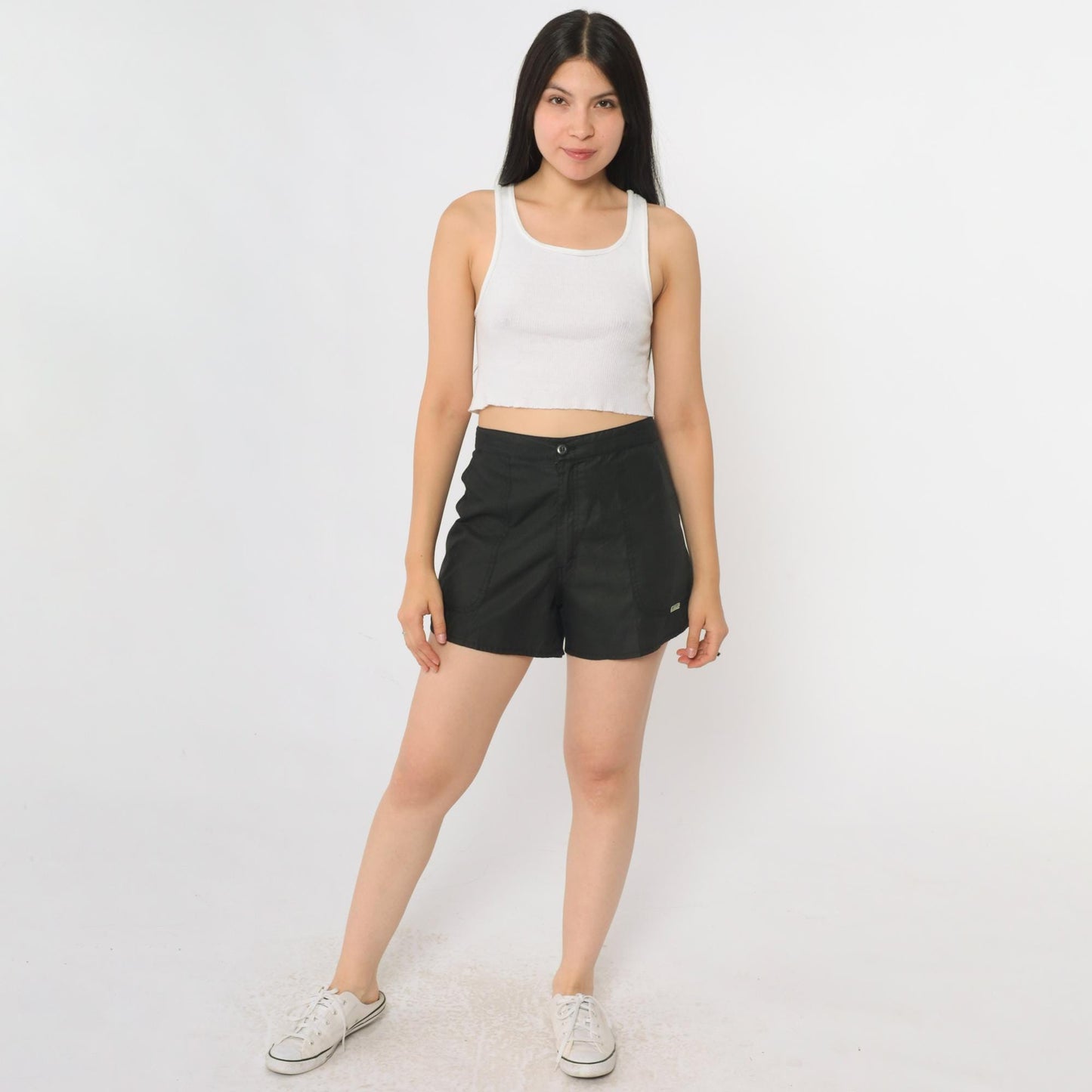 80s Weeds Black Shorts High Waist Elastic Back Pockets Medium 34