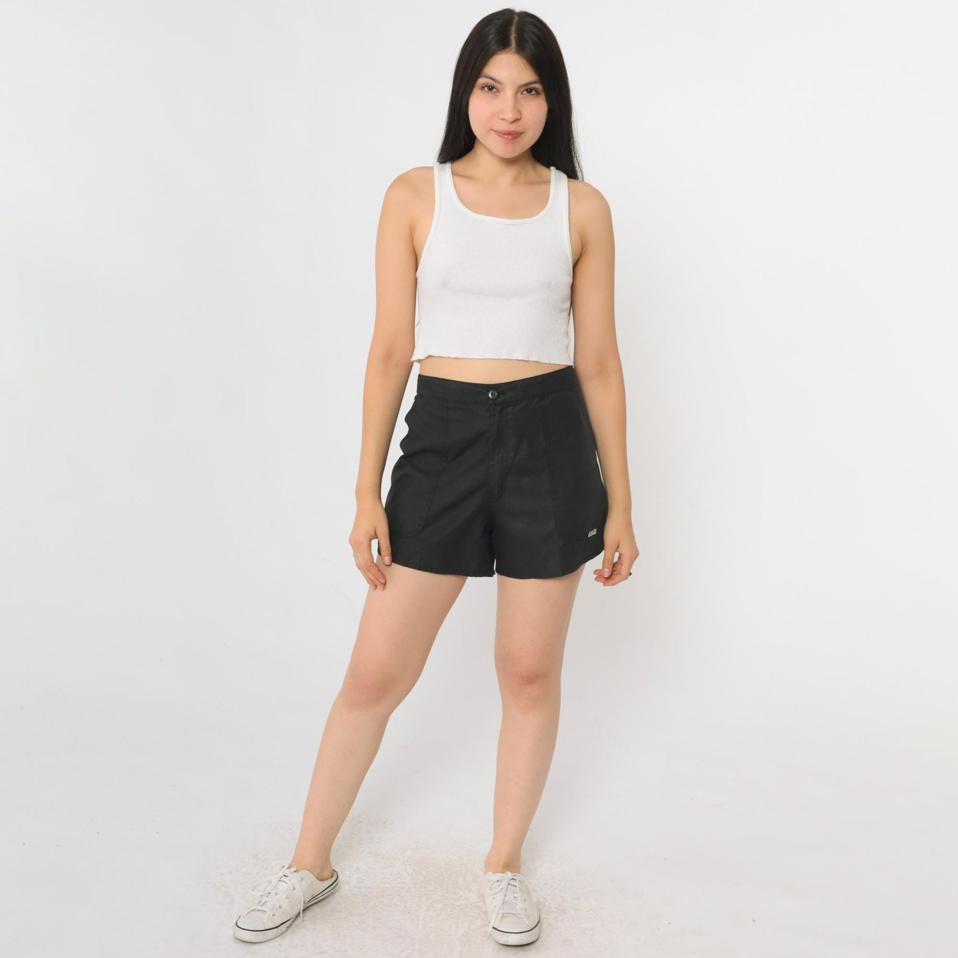 80s Weeds Black Shorts High Waist Elastic Back Pockets Medium 34