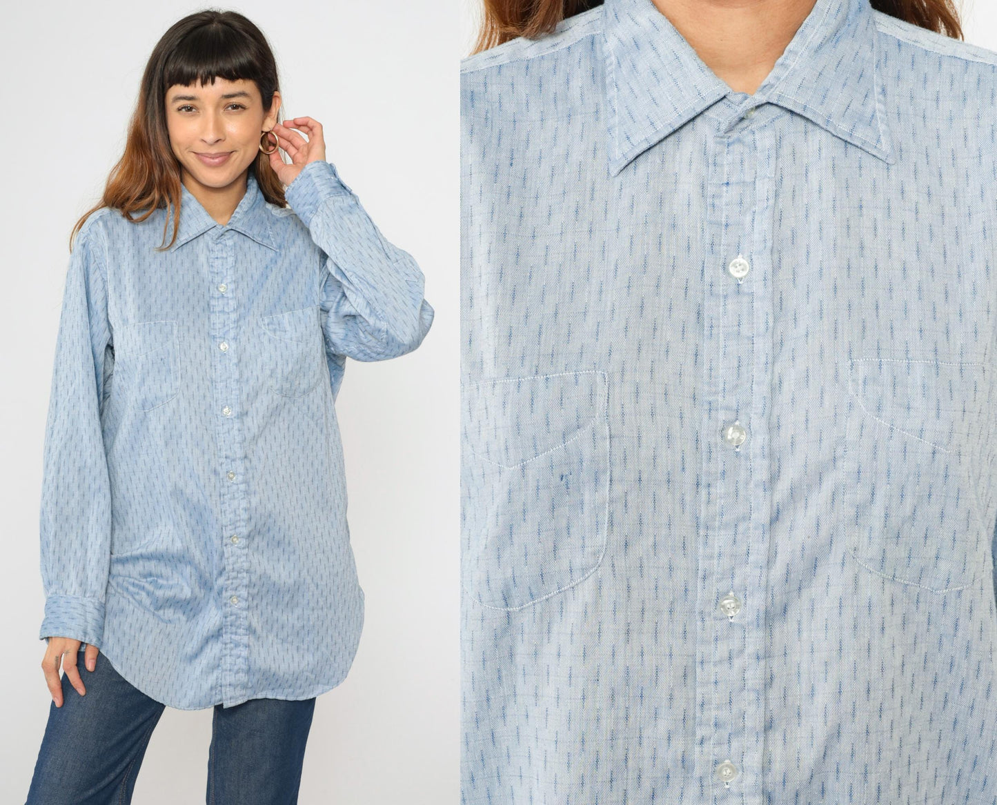 70s Light Blue Dash Stripe Button Down Shirt Cotton Blend Men's Large L